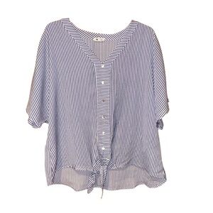 West K Women’s Blue White Stripe Tie Front Blouse Faux Button XL Coastal Resort